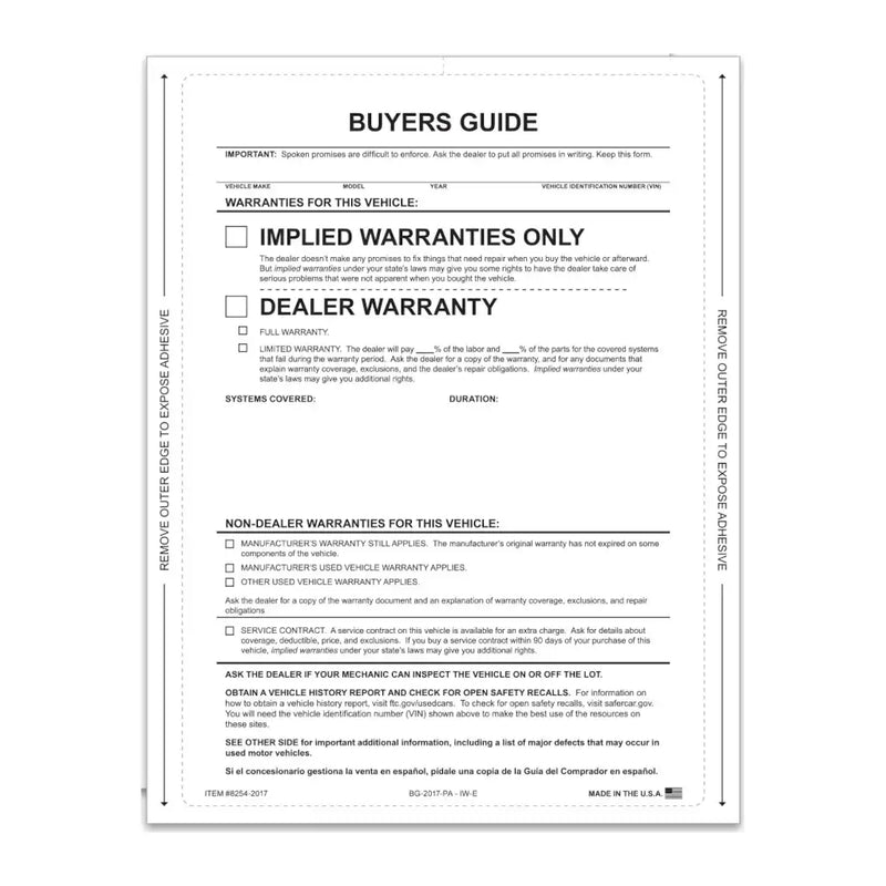 Buyers Guide, Implied Warranty, Complete Seal Laser Form-Implied without lines-Prime Dealer Supply