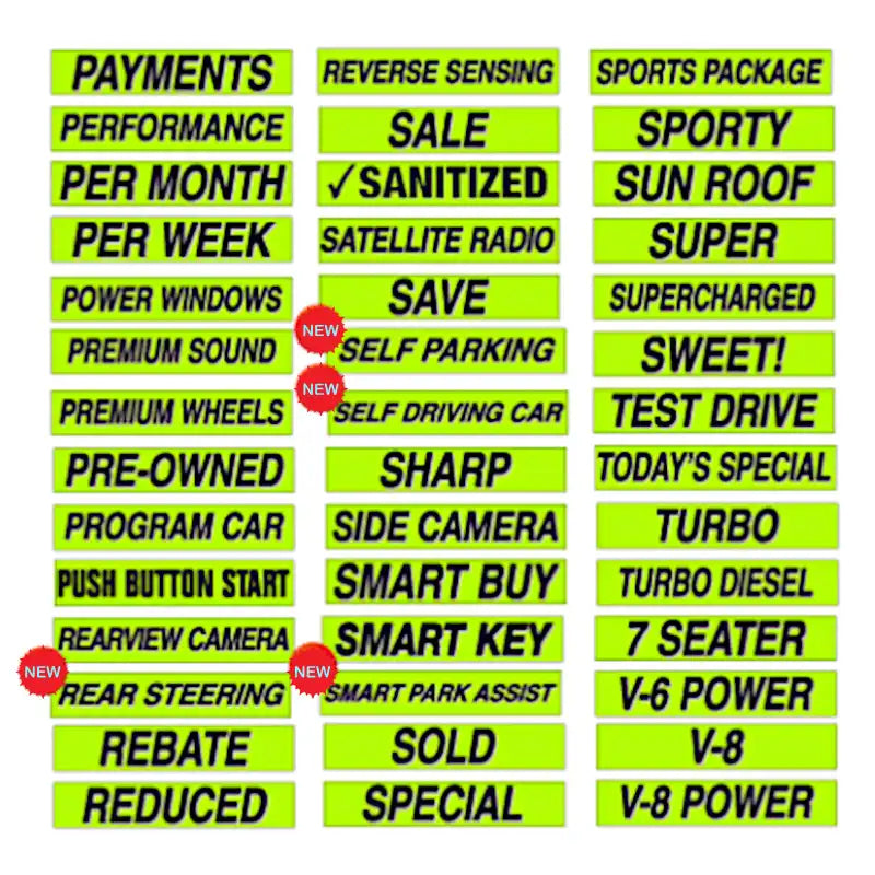 Chartreuse and Black Slogans sold by dozen for auto dealers.