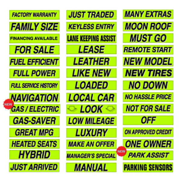 Auto dealer Chartreuse and Black Slogans sold by the dozen.