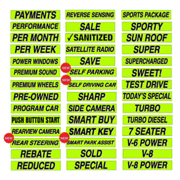 Chartreuse and Black Slogans sold by dozen for auto dealers.