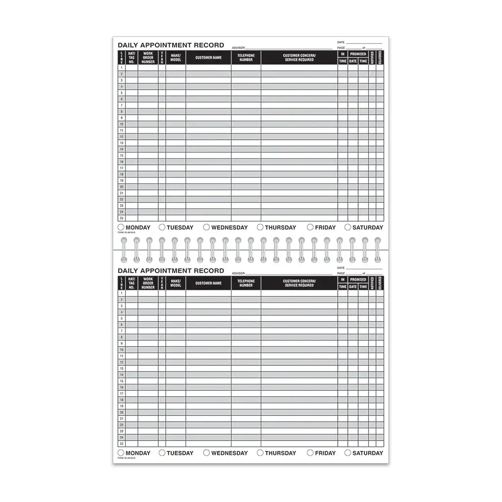 Daily Service Record Book inside pages