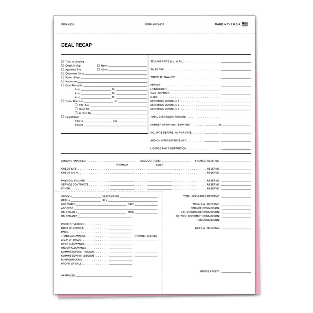 2-part deal recap form with white and pink carbonless copies – 100 pack.