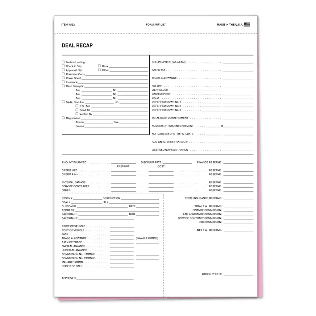 2-part deal recap form with white and pink carbonless copies – 100 pack.