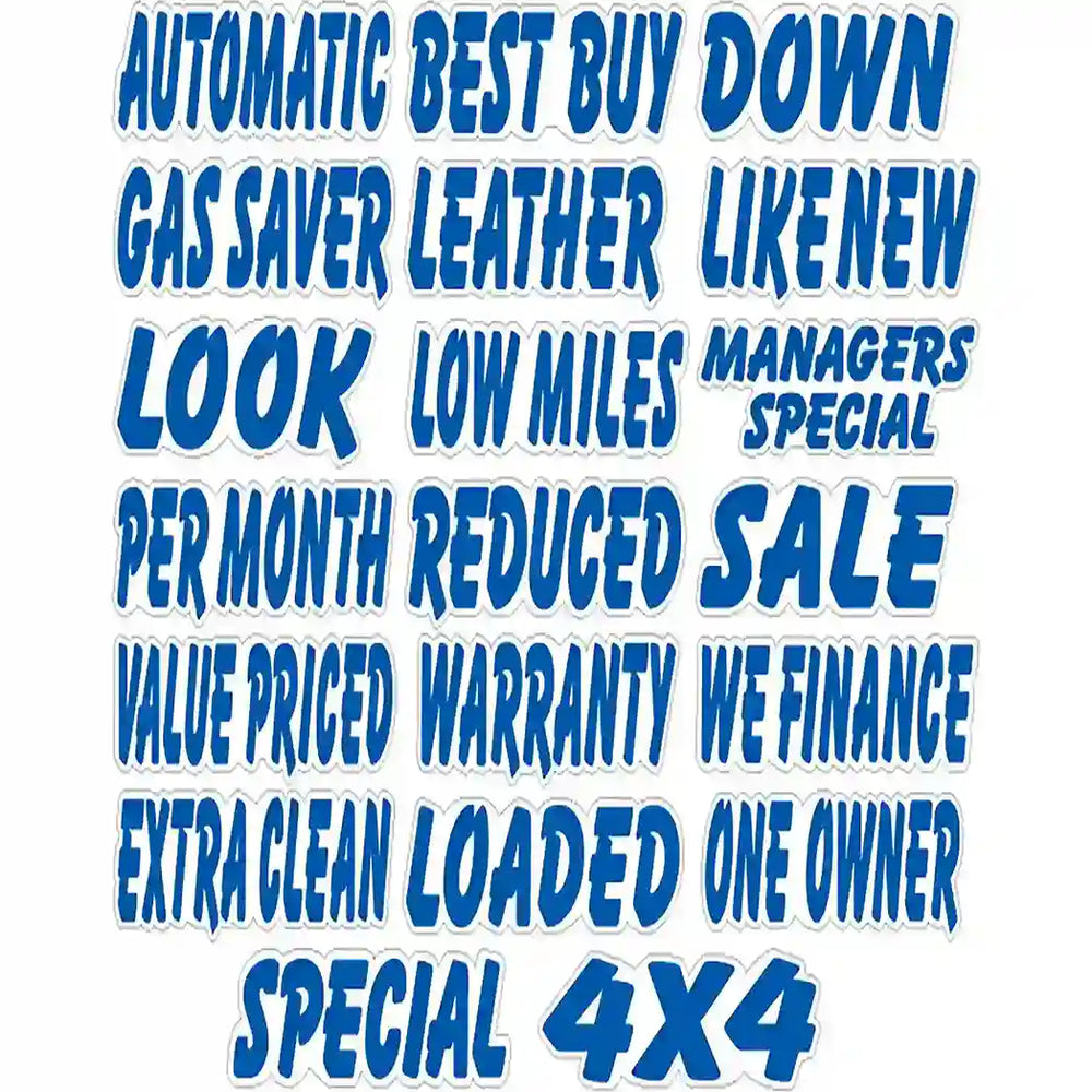 Die Cut Blue and White Windshield Slogans-Prime Dealer Supply