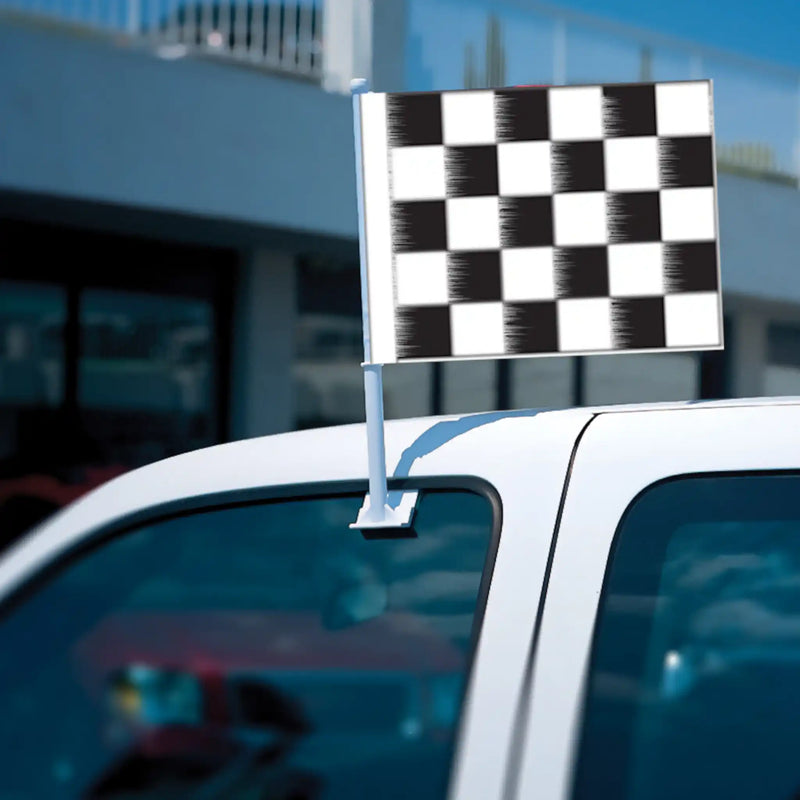 Sturdy checkered window flags for cars, designed for easy setup and weather resistance, ideal for dealership promotions.