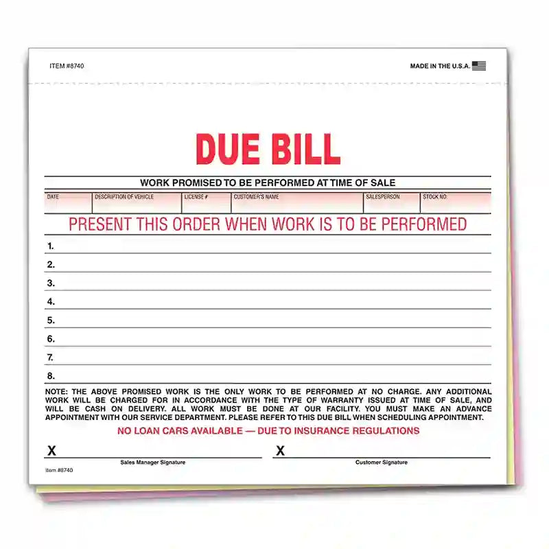 Due Bill Form – 3-Part Carbonless Auto Dealership Form.