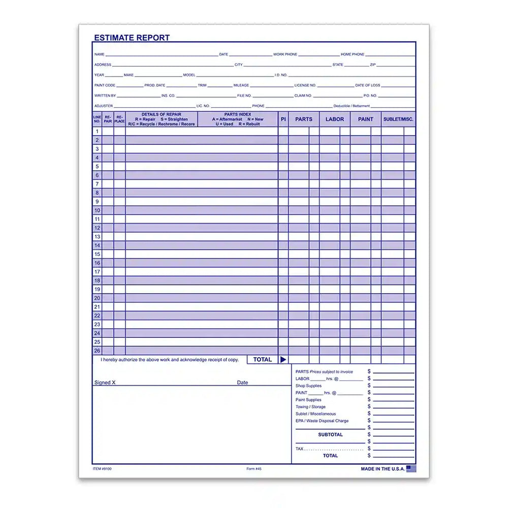 Repair Estimate form for Vehicles.