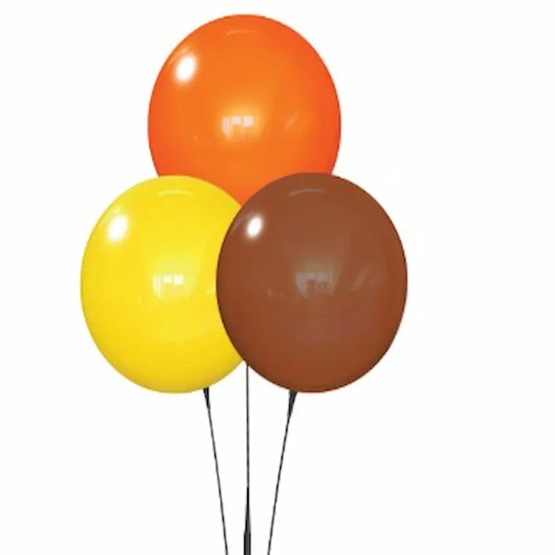 Three Duraballoons in orange, yellow, and brown on a white background