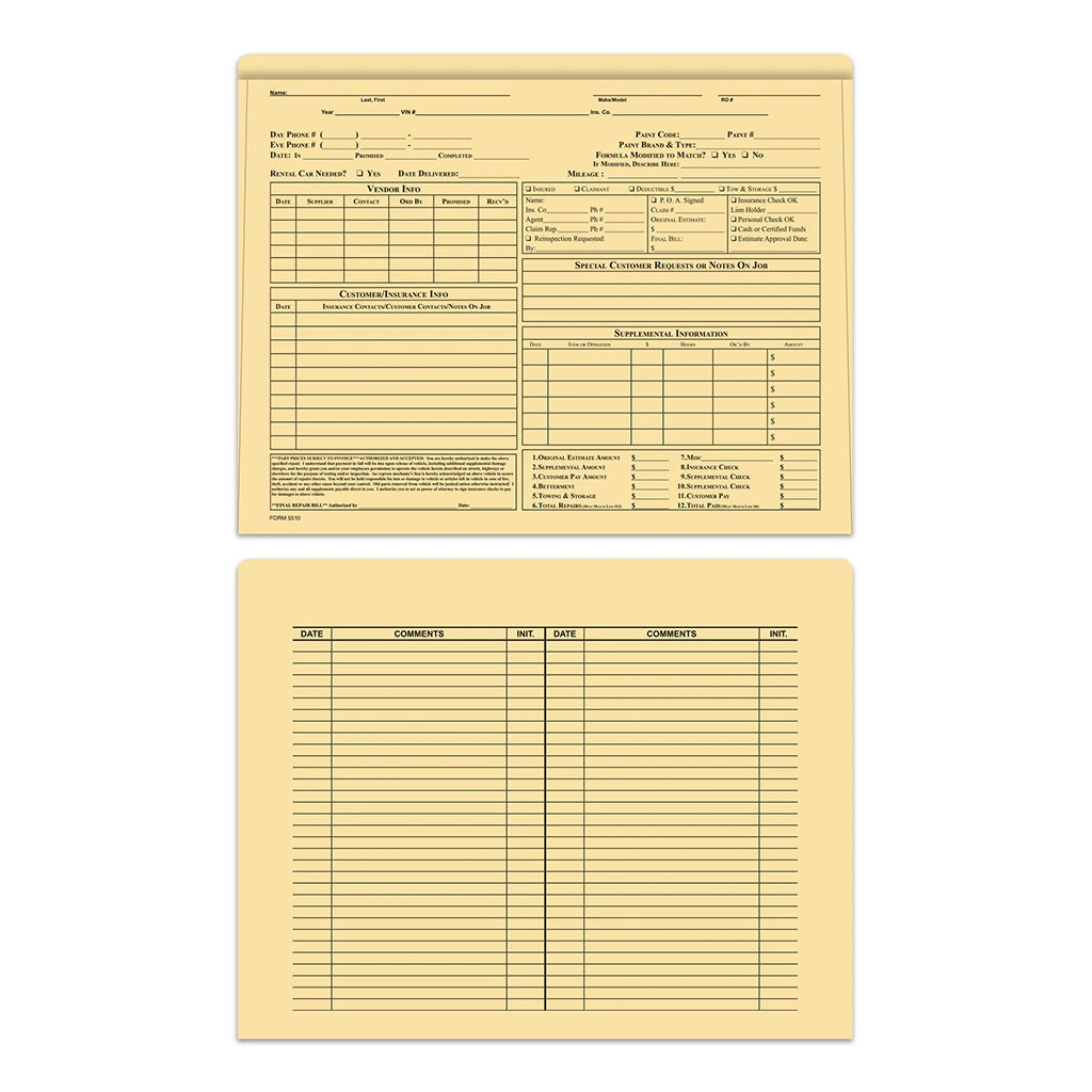 Body Shop Repair Order Jacket, BUFF 2 Sided.