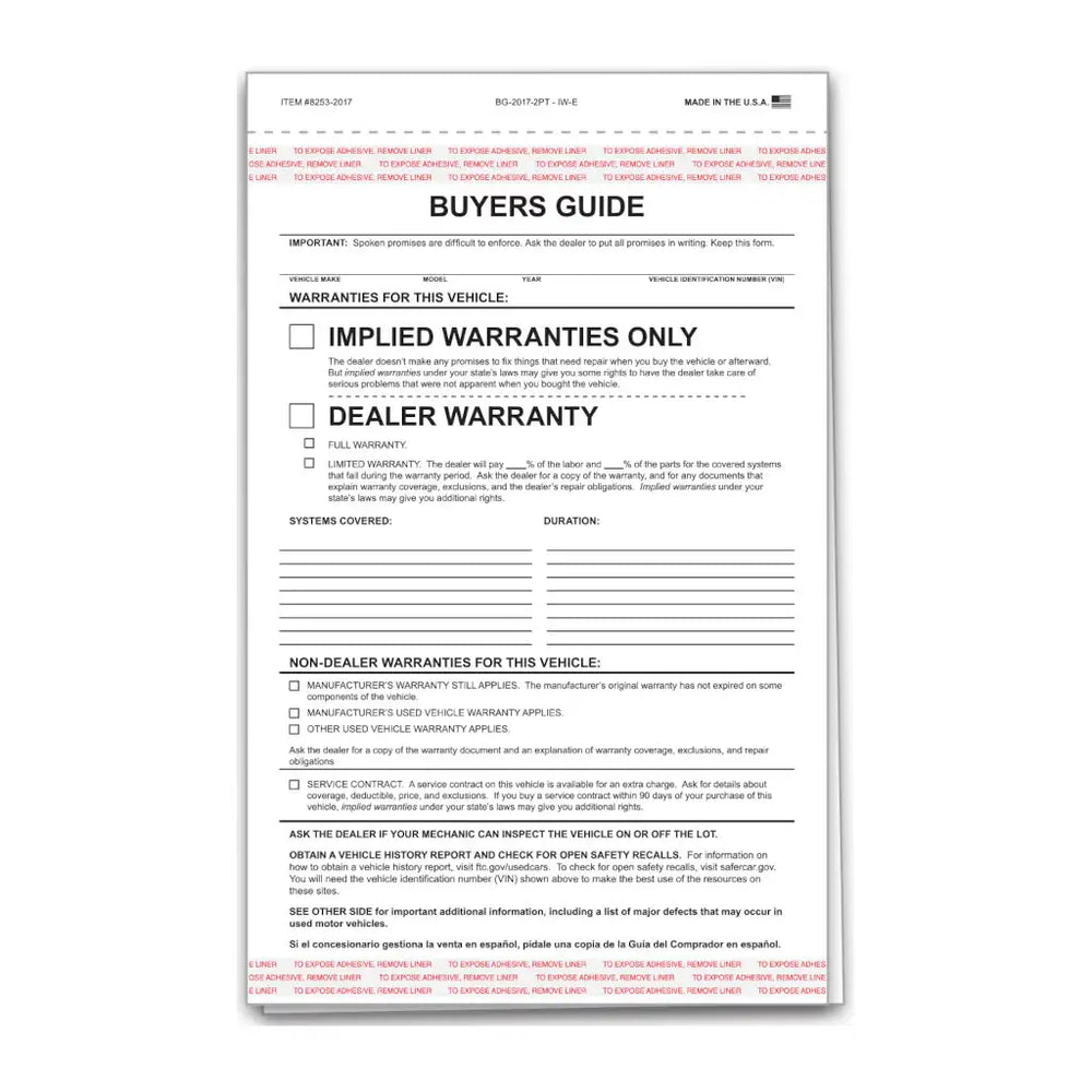 implied buyers guide with adhesive tape 2 part