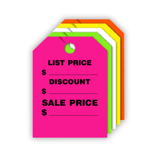 Mirror Hang Tags - List Discount Sale Price show in 5 colors.
