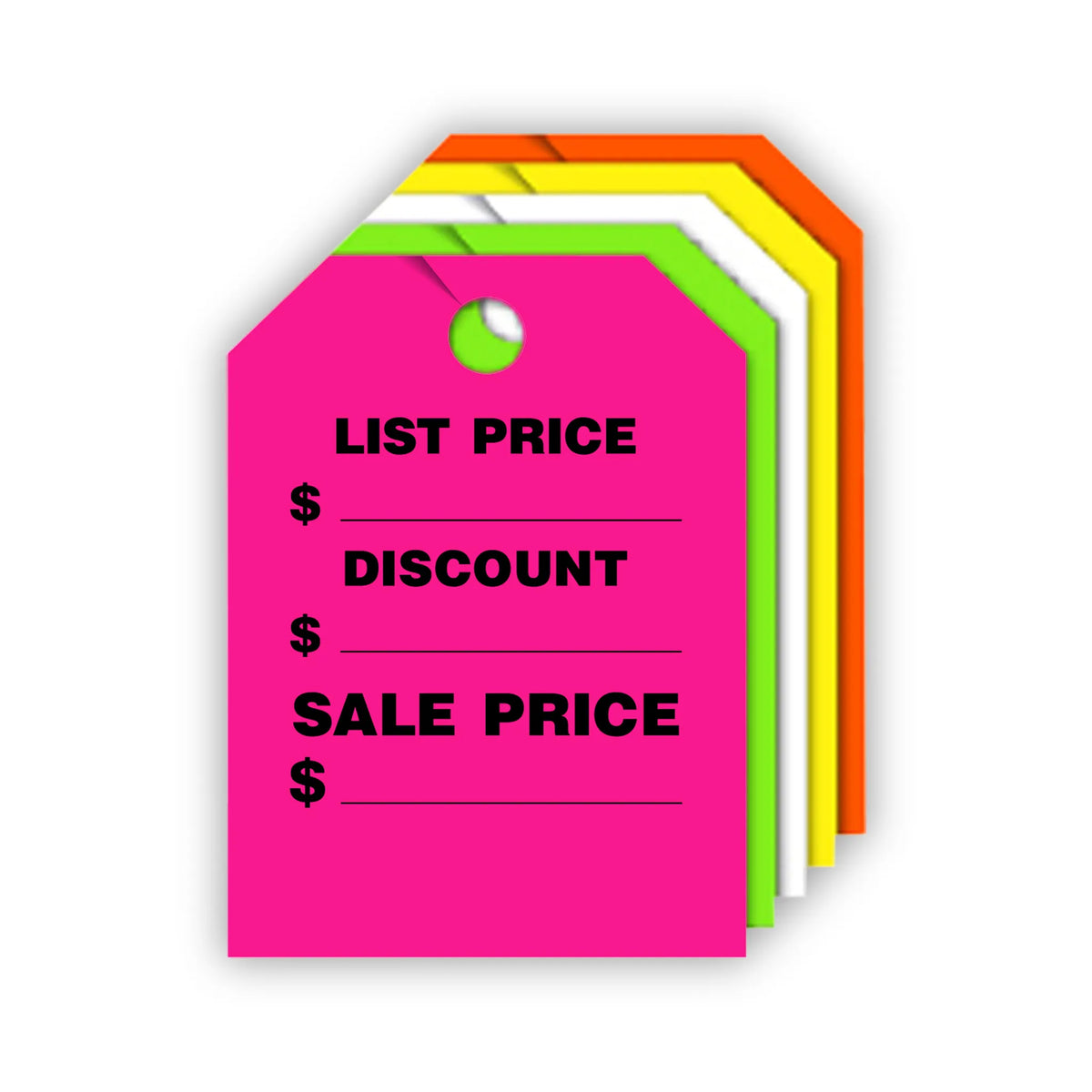 Mirror Hang Tags - List Discount Sale Price show in 5 colors.