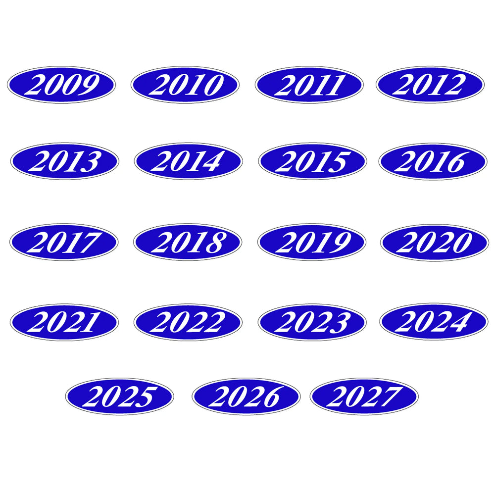 Set of blue oval year labels from 2009 to 2027 on a white background