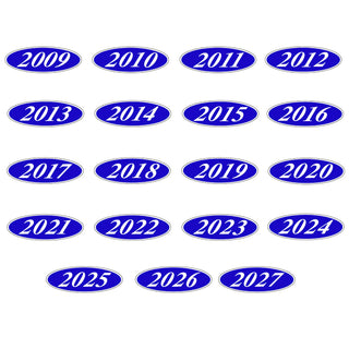 Set of blue oval year labels from 2009 to 2027 on a white background