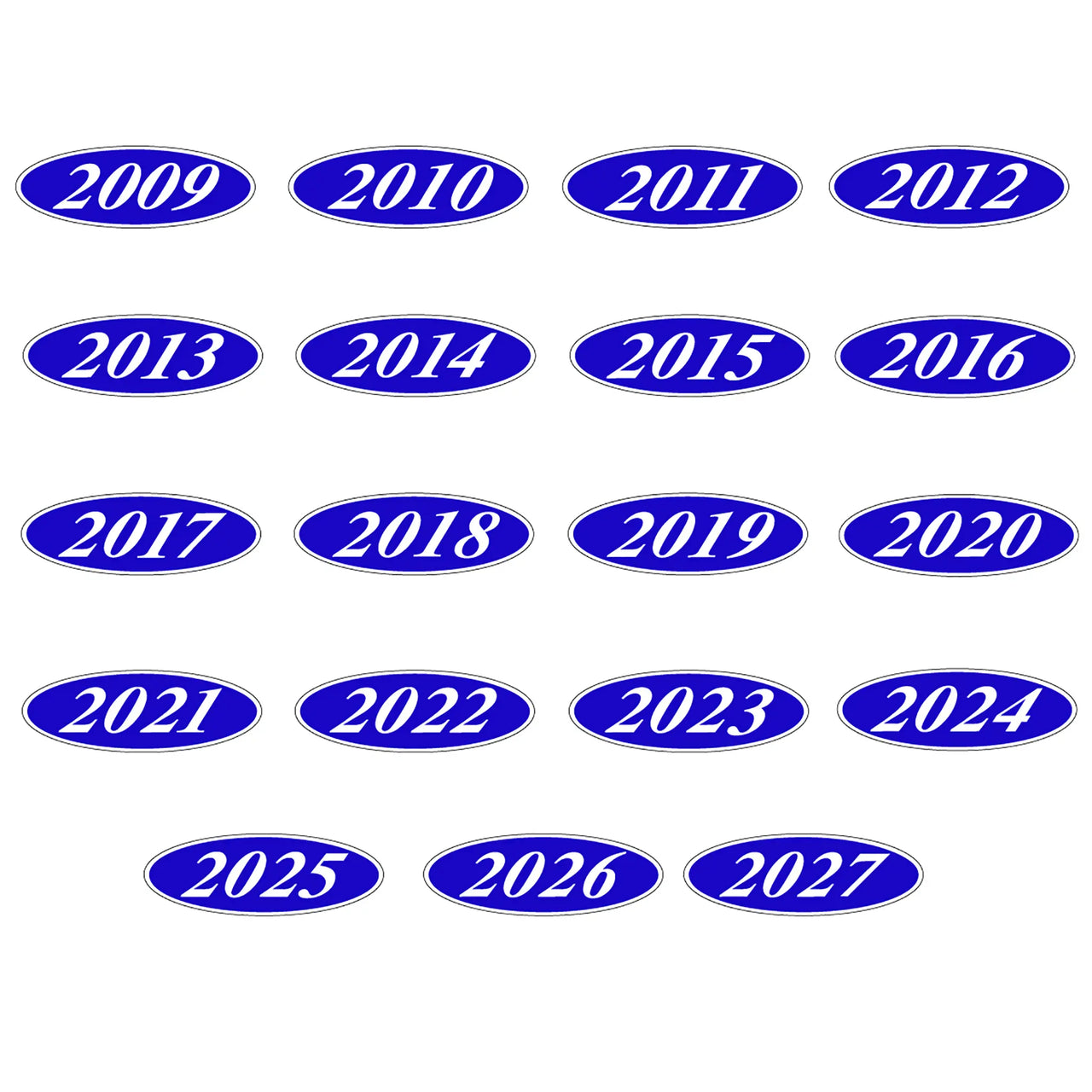 Set of blue oval year labels from 2009 to 2027 on a white background