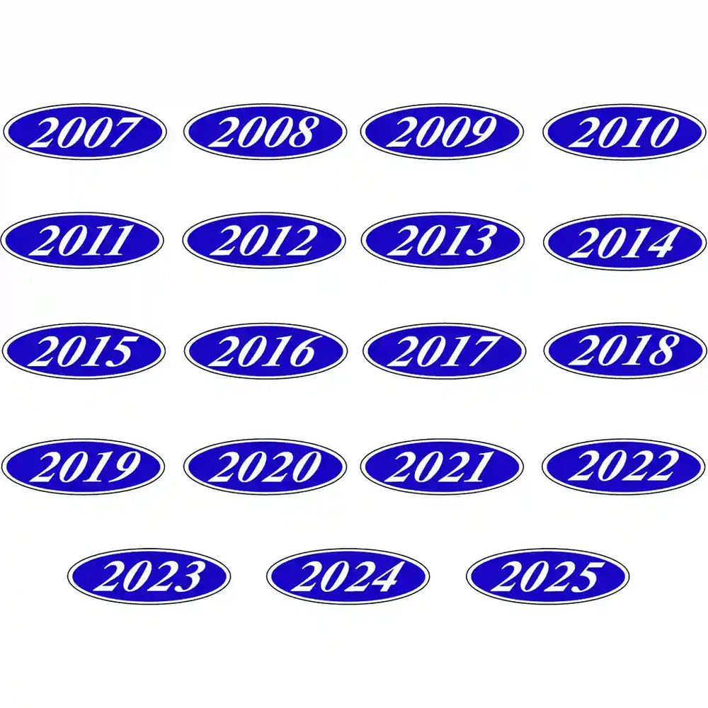 Blue and white model year stickers