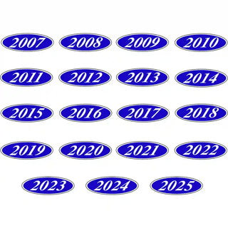 Blue and white model year stickers