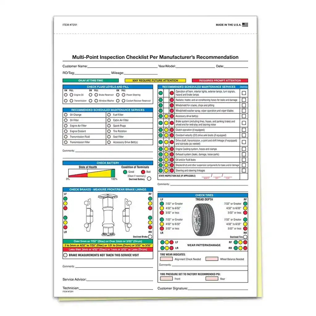 Multi-point inspection checklist for vehicles with various sections and checkboxes.