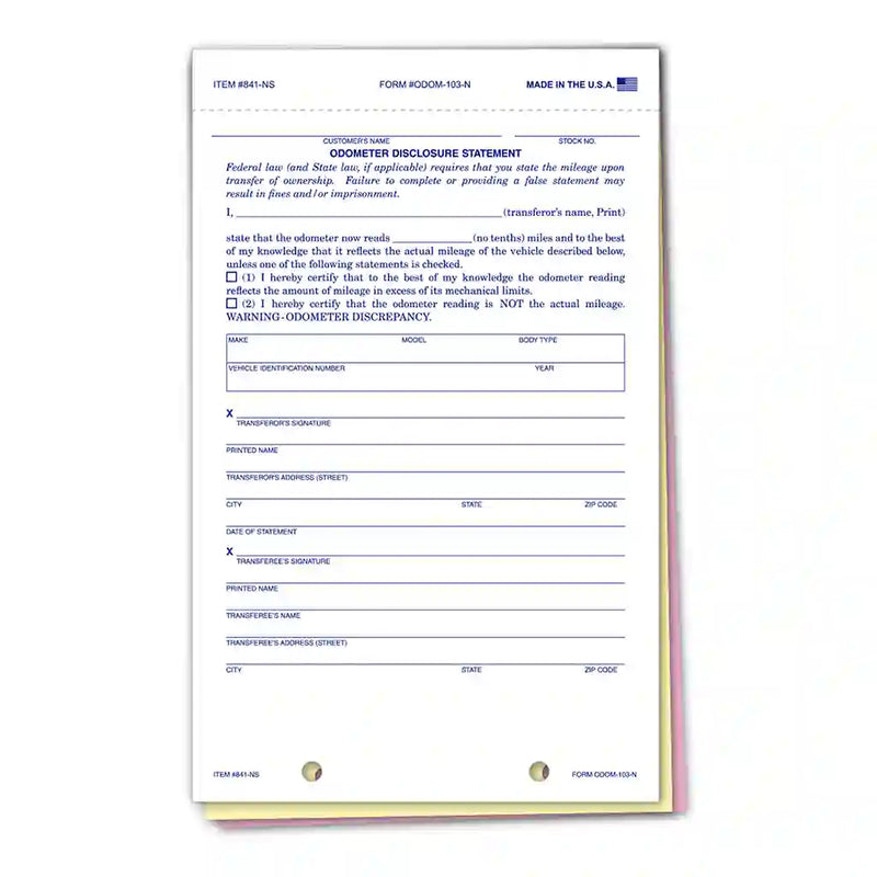  3-part odometer statement forms with white, canary, and pink copies for dealerships.