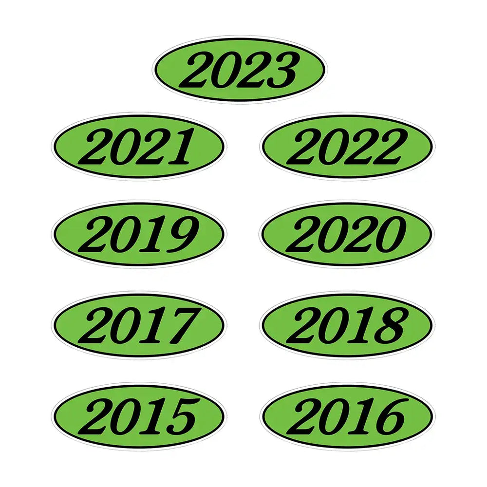 Black and chartruse oval year stickers for windshield.