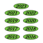 Thumbnail for Black and chartruse oval year stickers for windshield.