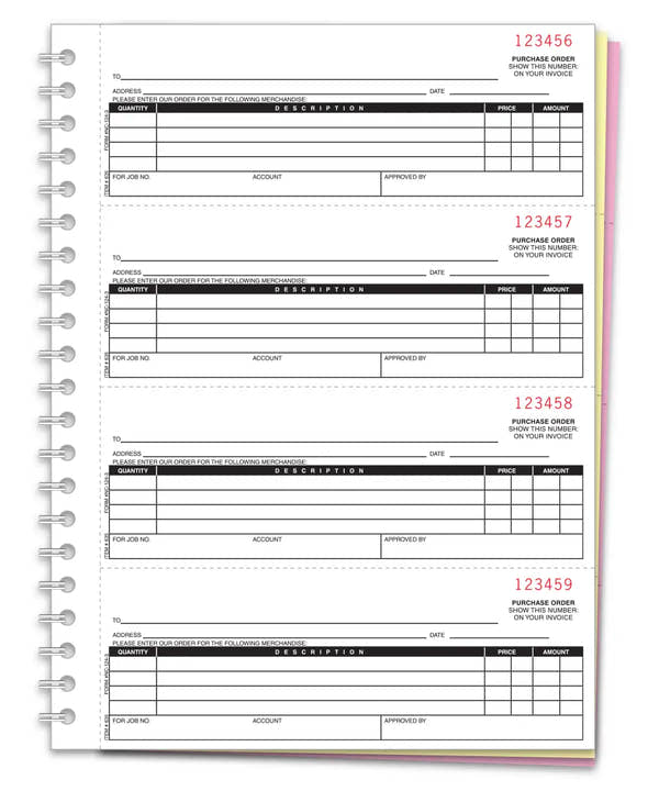 Coil bound purchase order book with  3-part carbonless forms for dealerships.