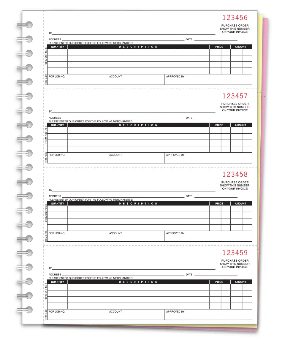 Coil bound purchase order book with  3-part carbonless forms for dealerships.