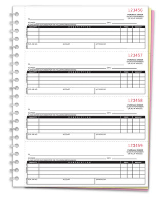 Coil bound purchase order book with  3-part carbonless forms for dealerships.