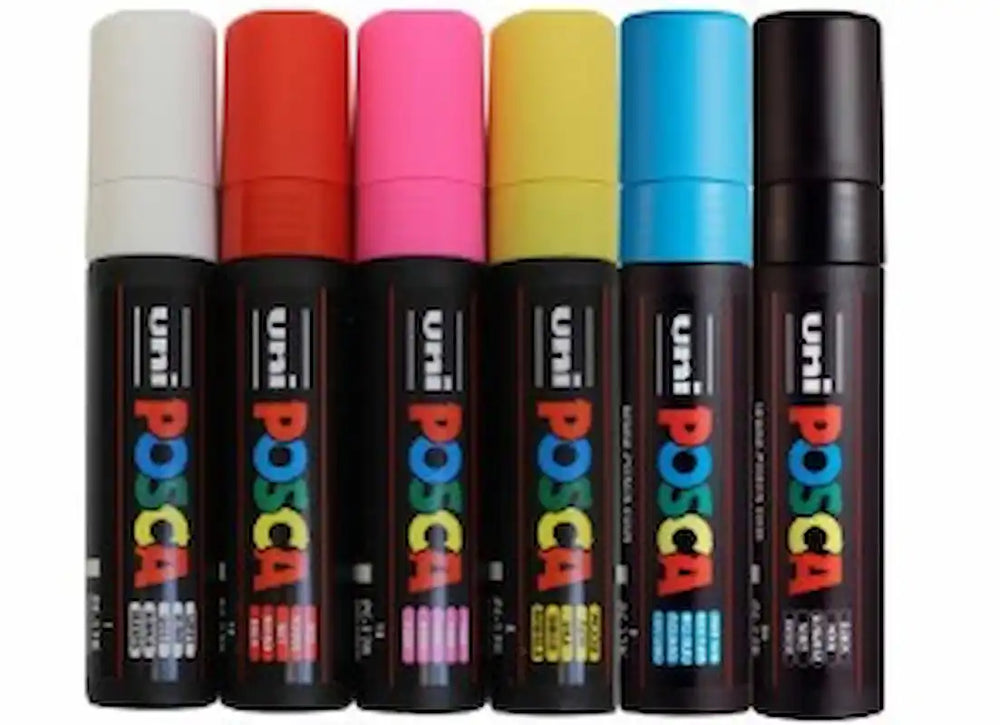 Water-based Uni Posca Paint Marker with 5/8” tip in bright bold colors.