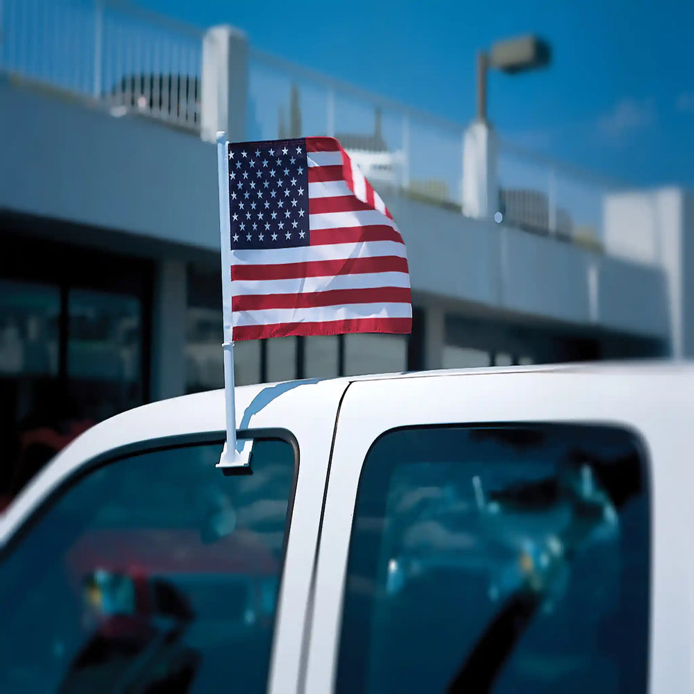 Premium Clip-On US Flags on truck.
