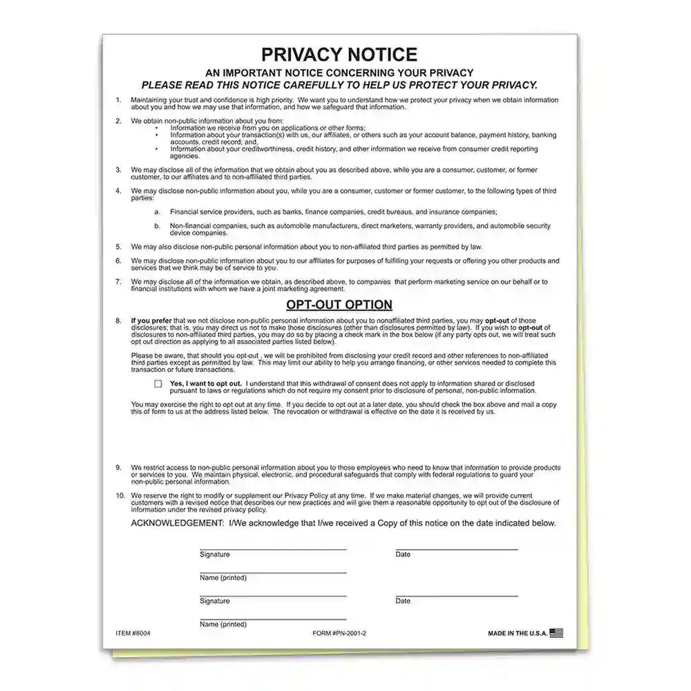 2-part privacy notice form with opt-out option for customer data compliance