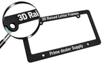 Thumbnail for Black license plate frame with '3D Raised Letter Frames' and 'Prime dealer Supply' text, magnifying glass on a light blue background.