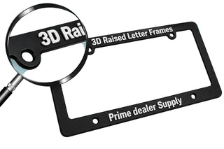 Black license plate frame with '3D Raised Letter Frames' and 'Prime dealer Supply' text, magnifying glass on a light blue background.