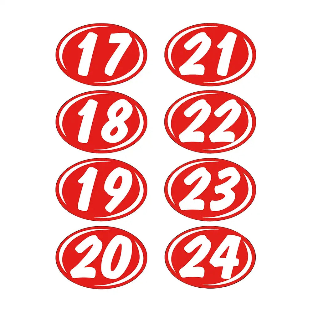 Red and White 2 Digit Oval Stickers 17 thru 24.