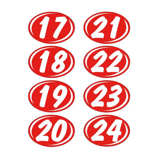 Red and White 2 Digit Oval Stickers 17 thru 24.