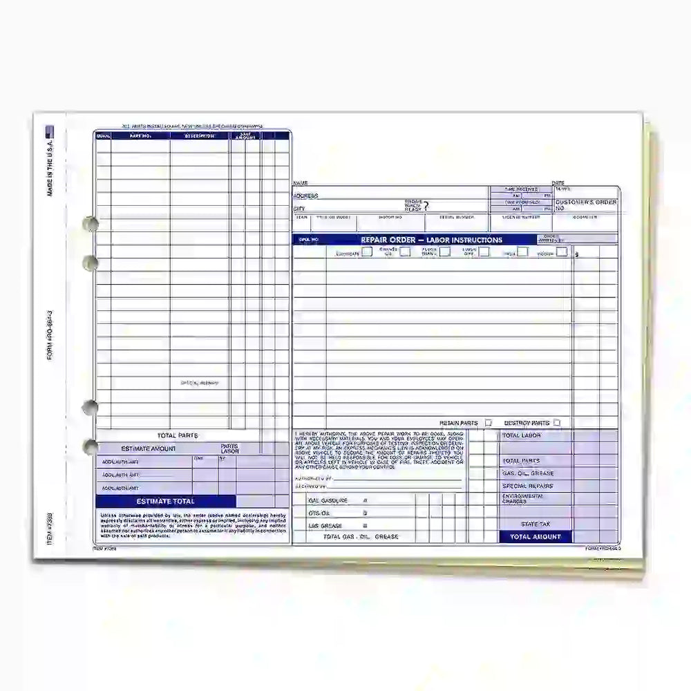 Repair Order Write Up 3 Part Snap Out Carbonless Form.