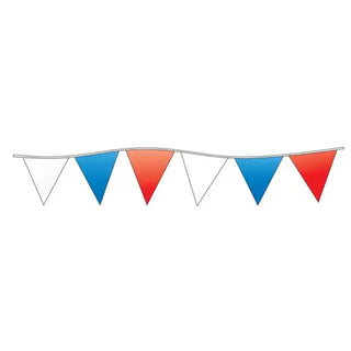 Red and blue triangular flag bunting on a white background