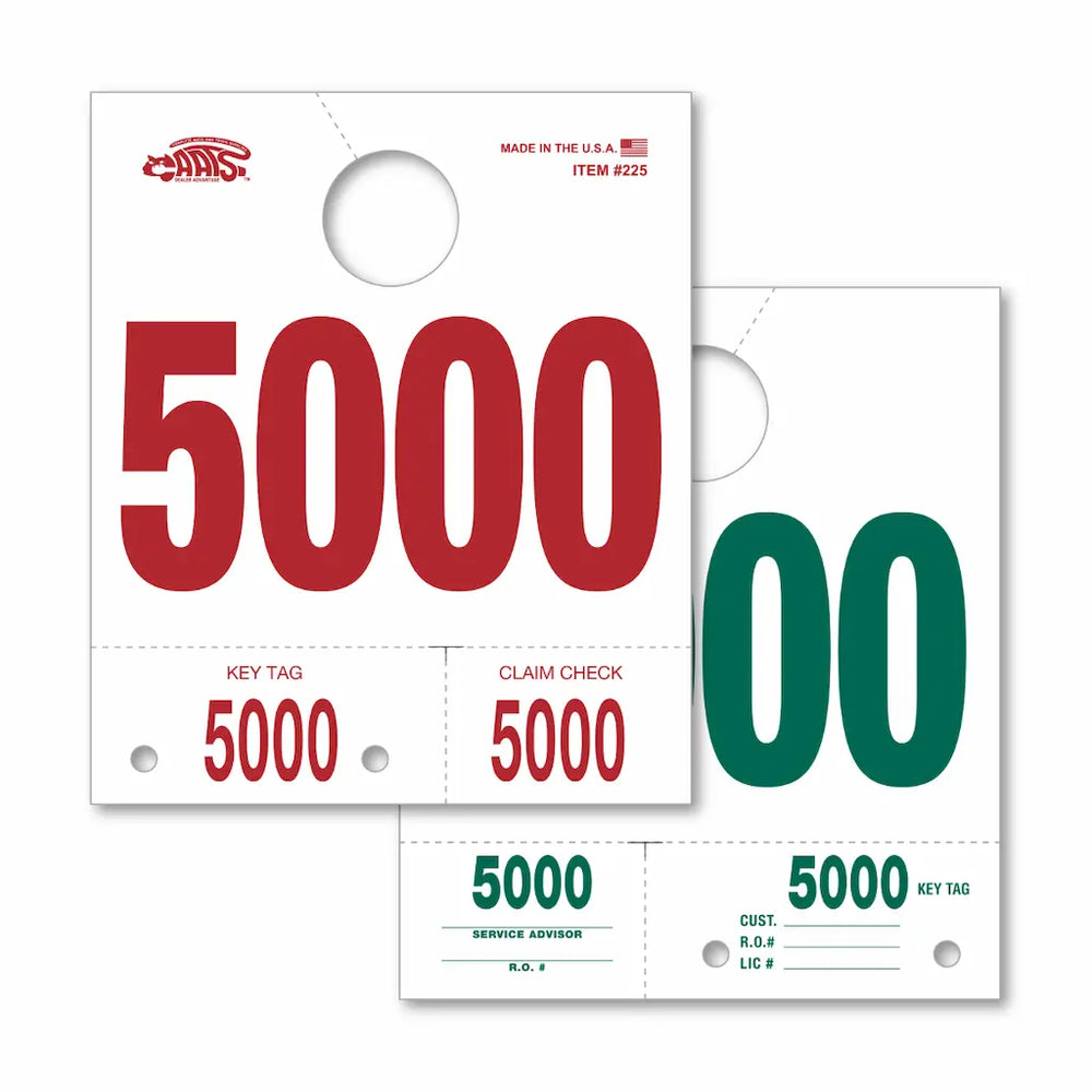 Two white paper key tags with large printed numbers, shown on a plain white background. One tag has red text and the matching large number in red, and the overlapping tag has green text and matching large number in green.