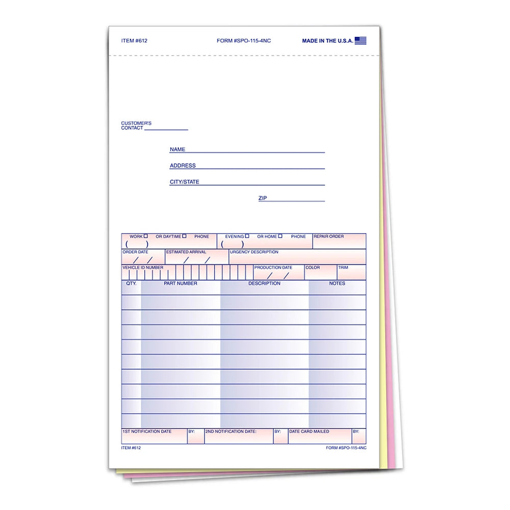Special Parts Order Form – 4-Part Carbonless with Postcard Mailer.