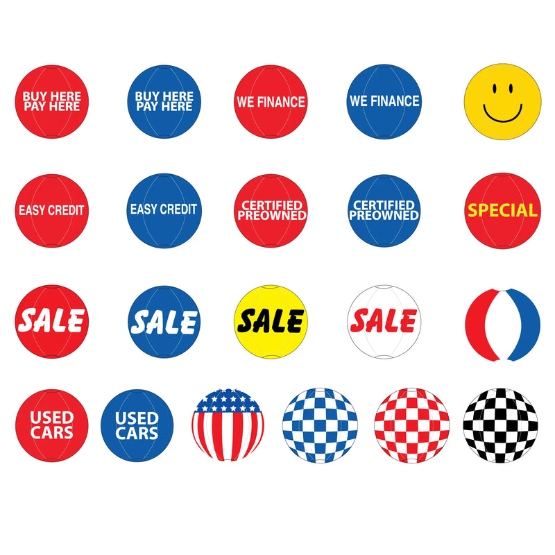 reusable balloons for car sales and finance related slogans on a white background