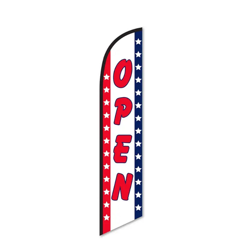 Red, white, and blue feather flag with 'OPEN' text on a white background
