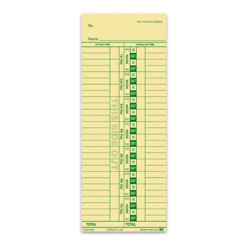 Yellow time card with green text on a white background