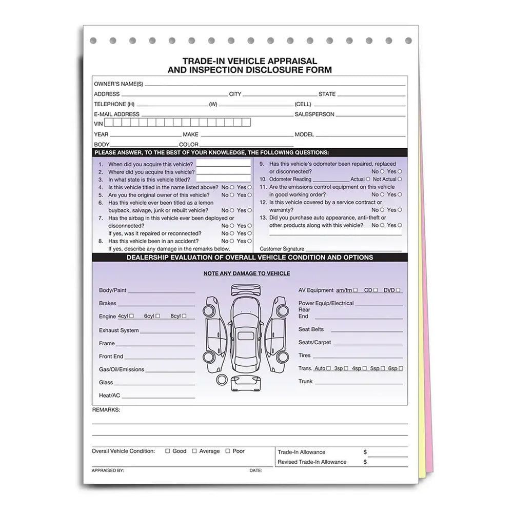 Vehicle condition and history report 3-part carbonless form for documenting damage and value.