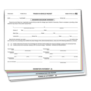 A stack of trade-in vehicle combination forms with odometer statement, designed for 6 parts, with printed text and spaces for entering data.
