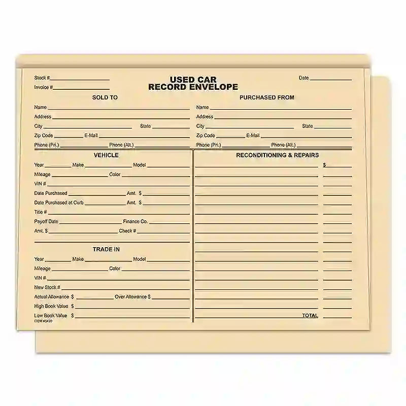 Used car record envelope in buff.