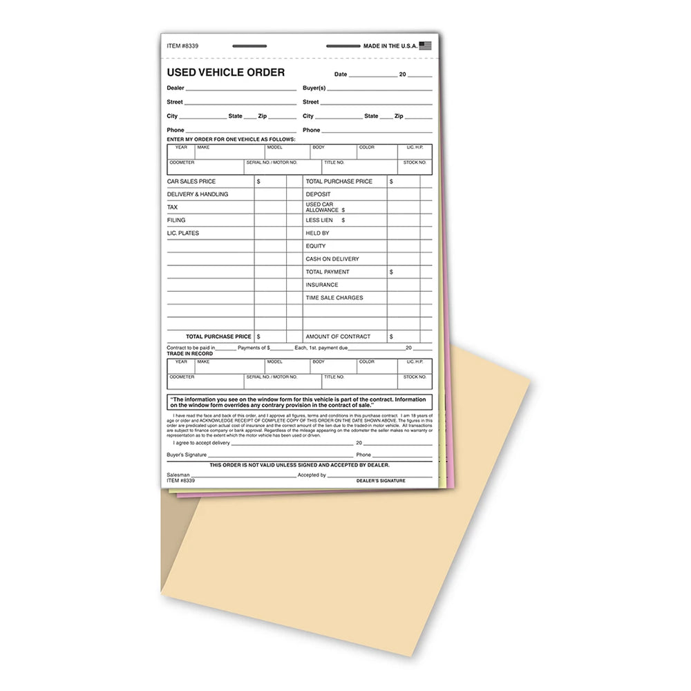 Used vehicle order book with 3-part carbonless snap-out forms – 50 per book