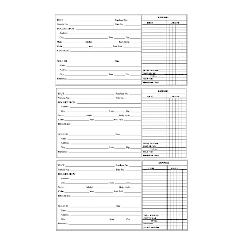Inside page of Used Car Record Book with Three forms per page.