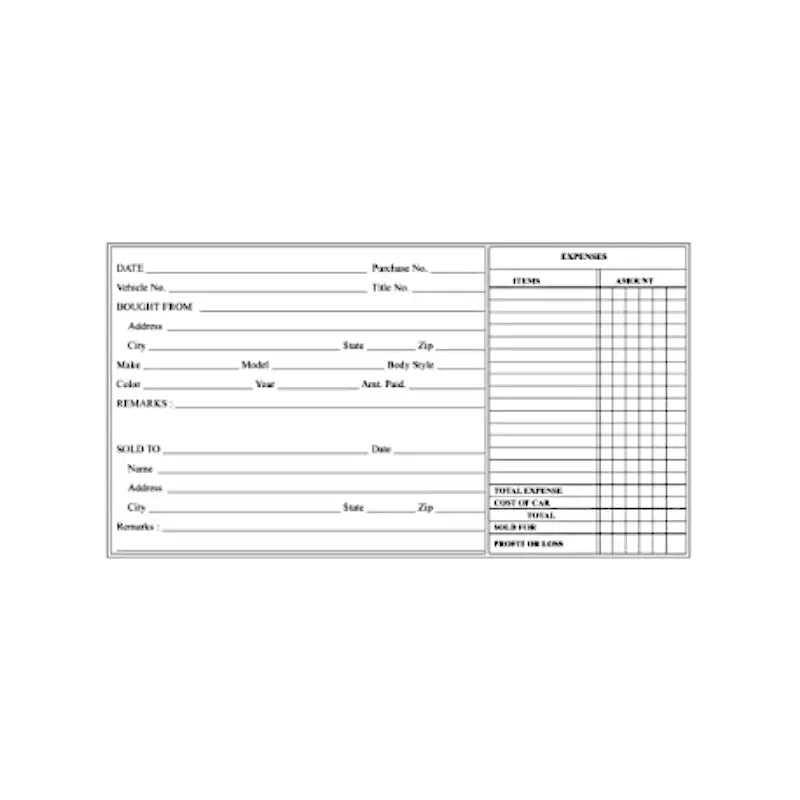 Used Car Record Book Blank form with columns for date, purchase number, expenses, vehicle details, and sold to information.