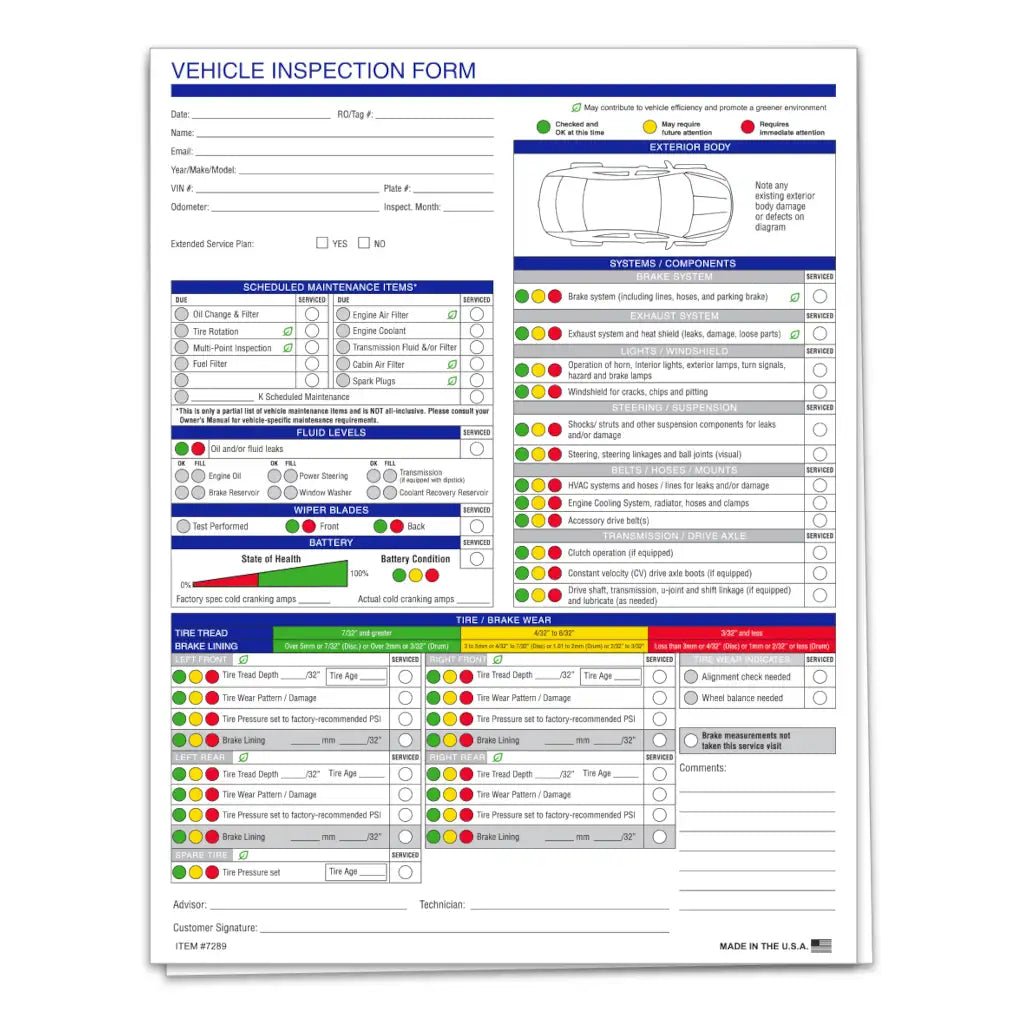 Vehicle inspection form with various checklists and rating scales on a white background