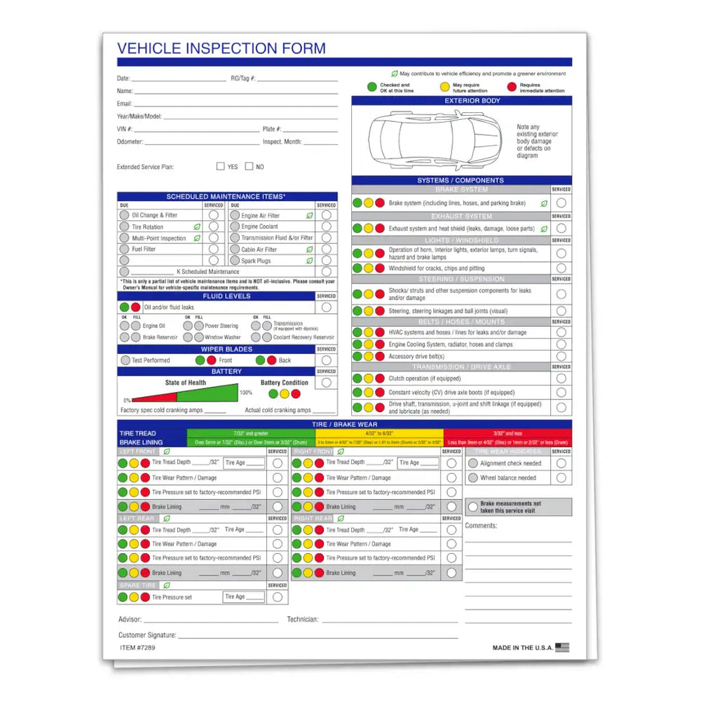 Vehicle inspection form with various checklists and rating scales on a white background
